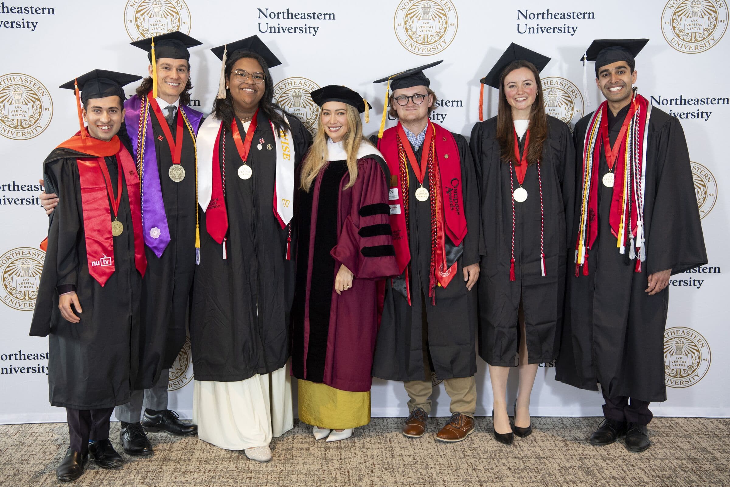Shayan Menahi with Hilary Duff and fellow Northeastern University commencement honorees backstage
